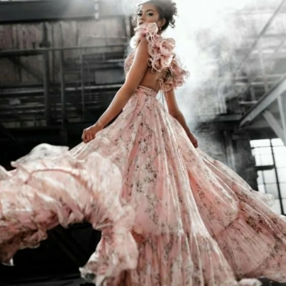 Mac Duggal Dresses & Skirts - Mac Duggal Pink Peach Ruffle Tiered Floral Cut-Out Chiffon Gown sz 4 NEW